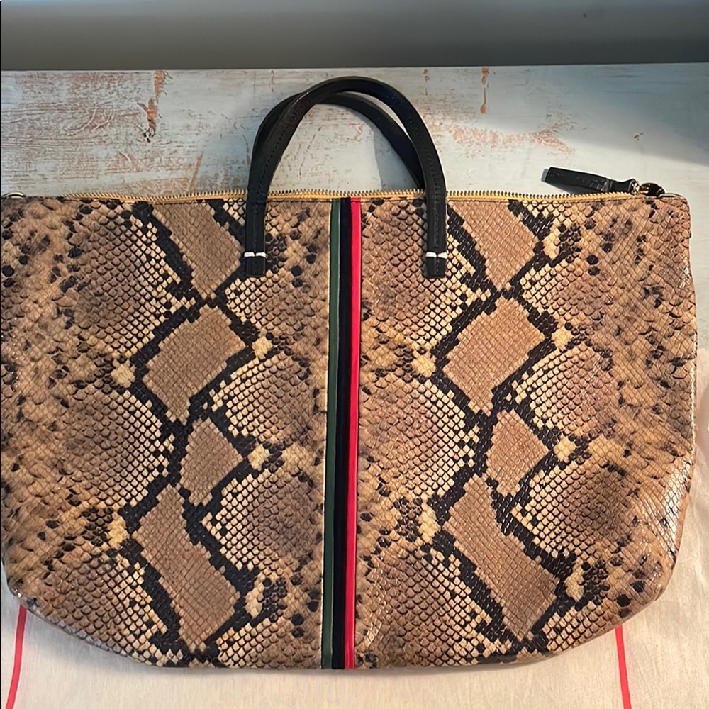 Clare V Snakeskin Print Tote Bag with Black Handles